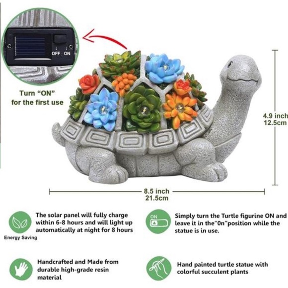 Solar Garden Outdoor Statues Turtle with Succulent and 7 LED Lights - Lawn Decor - Picture 6 of 7